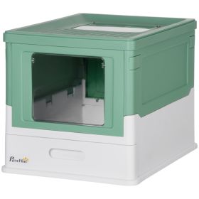Fully Enclosed Cat Litter Box with Front Entry and Top Exit, Plastic, Green & White