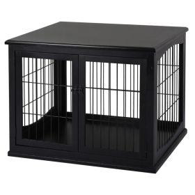 26" Wooden Dog Cage with Double Door Entrance & Simple Modern Design, Black
