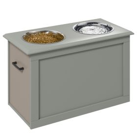 Raised Pet Feeding Storage Station with 2 Stainless Steel Bowls Base for Large Dogs and Other Large Pets, Gray