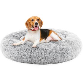 24 Inch Anti-Slip Round Fluffy Plush Faux Fur Cat Bed, Fits Up To 25 Lbs Pets (Option: Grey XL)