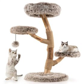 4-Level Natural Pear Wood Cat Tree - 19.5"x35.5", Jute Scratch Posts + Plush Ball, Long Plush (Option: default title)