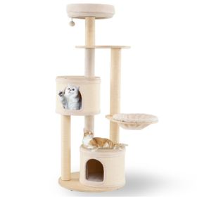 60 Inch Tall Wooden Cat Tree Multi-Level Cat Tower with Sisal Scratching Posts & Condos for Indoor Cats, Natural (Option: 72895319)